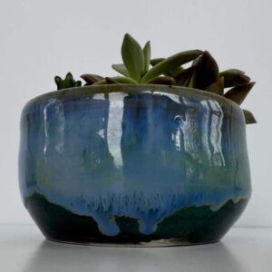 Handmade ceramic succulent planter with glossy blue drip glaze, modern pottery pot